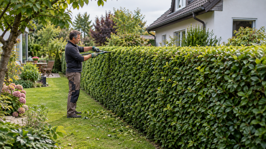 Hecke schneiden mit sauberer leicht trapezförmiger Schnittform in einem gepflegten Familiengarten
