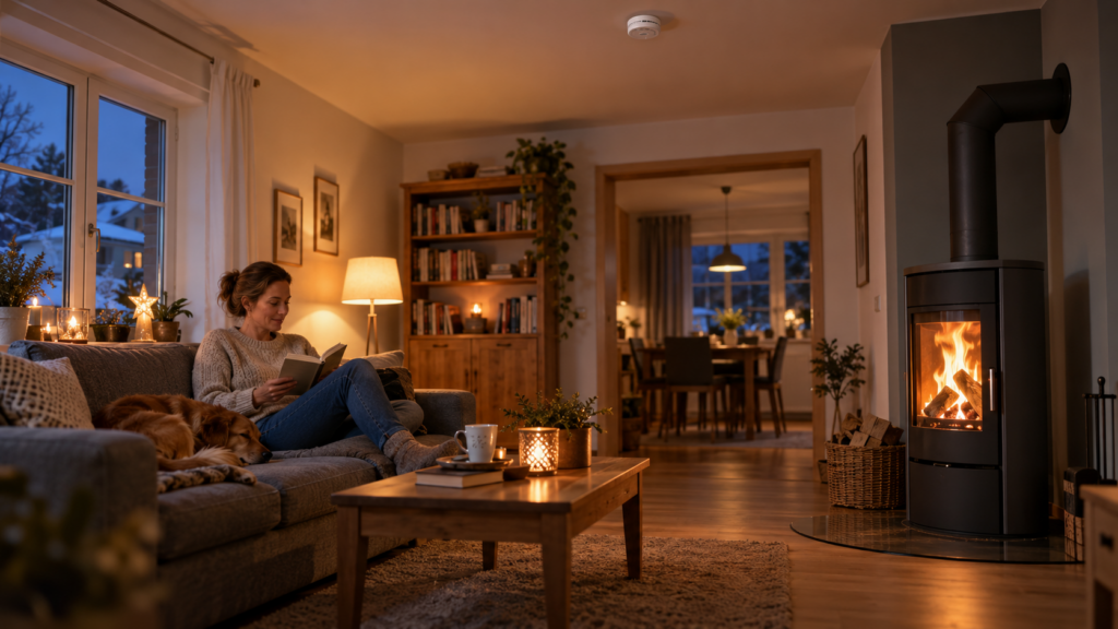 Sicherer Wohnraum mit Kaminofen und korrekt positioniertem CO-Melder.CO-Melder Kaminofen