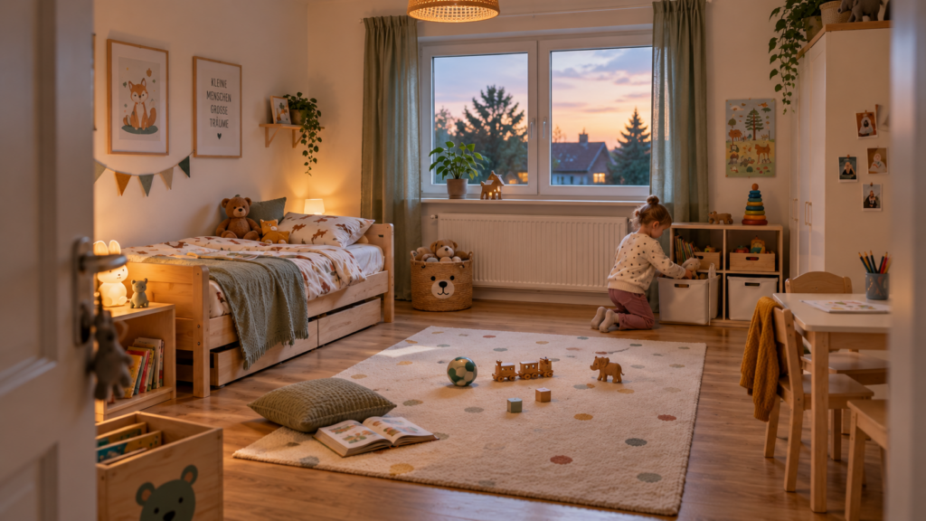 Ruhiges sicheres und funktionales Kinderzimmer mit freier Spielfläche und erreichbarem Stauraum