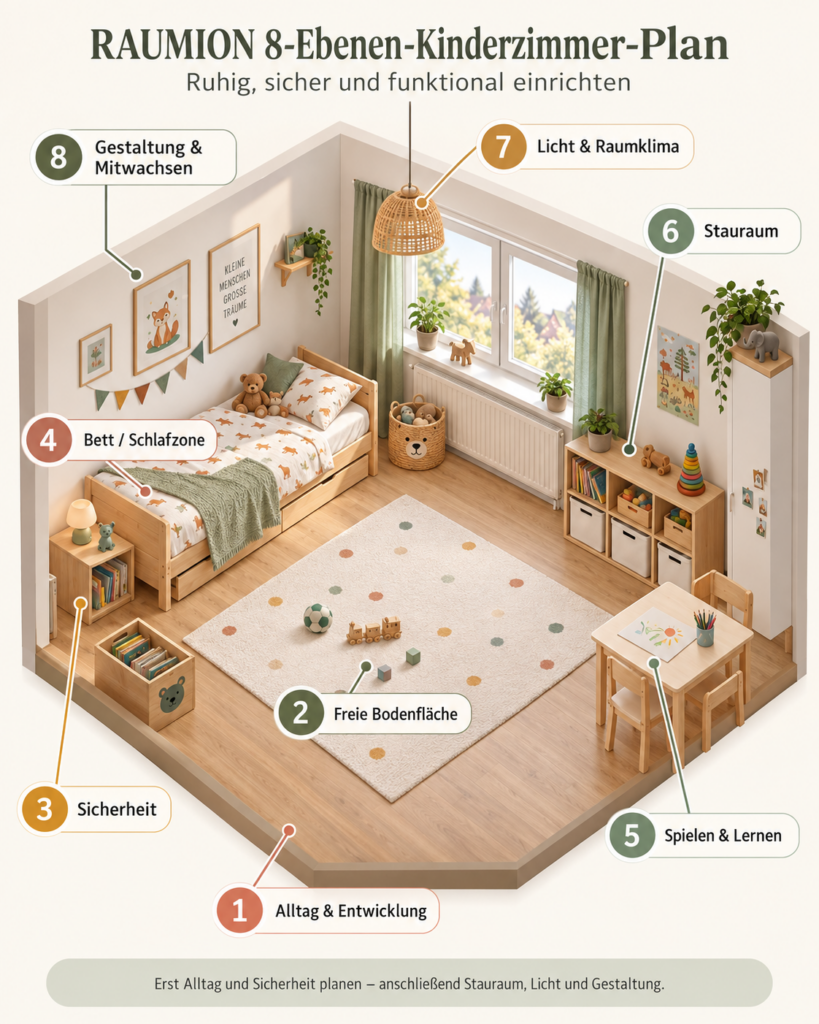 Kinderzimmer gestalten: RAUMION 8-Ebenen-Kinderzimmer-Plan für ein ruhiges sicheres und funktionales Kinderzimmer