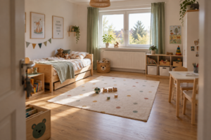 Ruhiges und funktionales Kinderzimmer mit Bett, freier Spielfläche, niedrigem Stauraum und kleinem Arbeitstisch