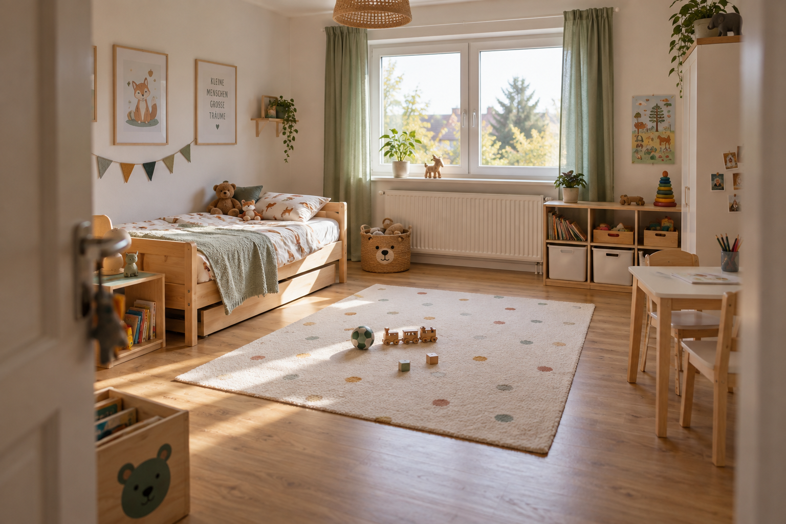 Ruhiges Kinderzimmer mit Bett, erreichbarem Stauraum und freier Spielfläche