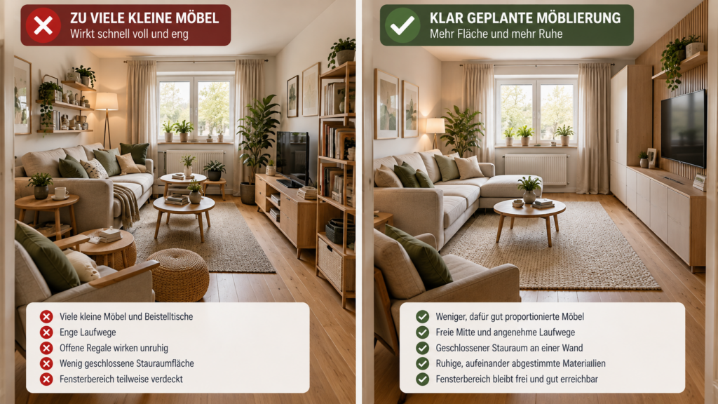 Kleines Wohnzimmer mit vielen Einzelmöbeln im Vergleich zu klar geplanter Möblierung