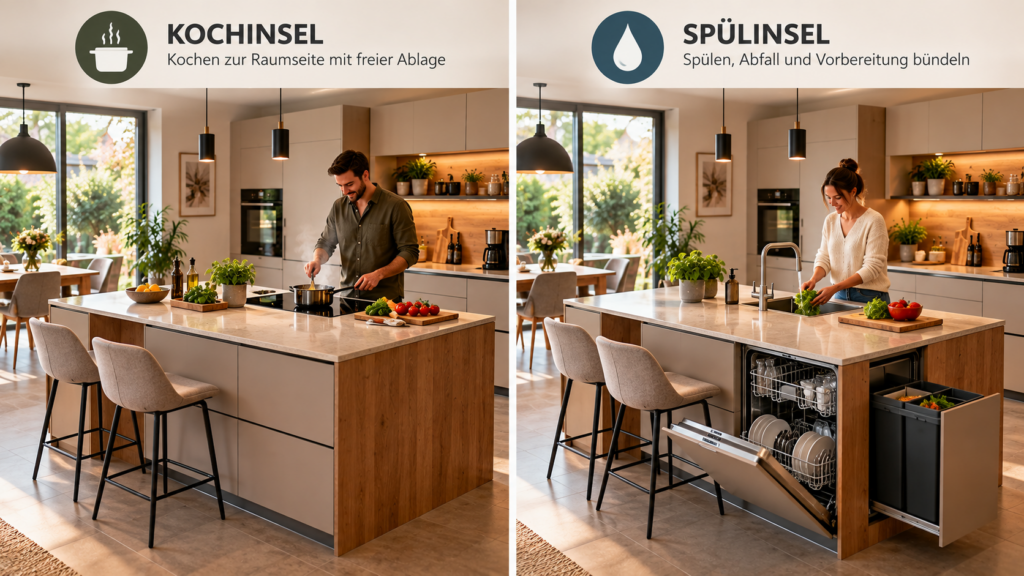 Kochinsel und Spülinsel als Kücheninsel-Varianten im Vergleich