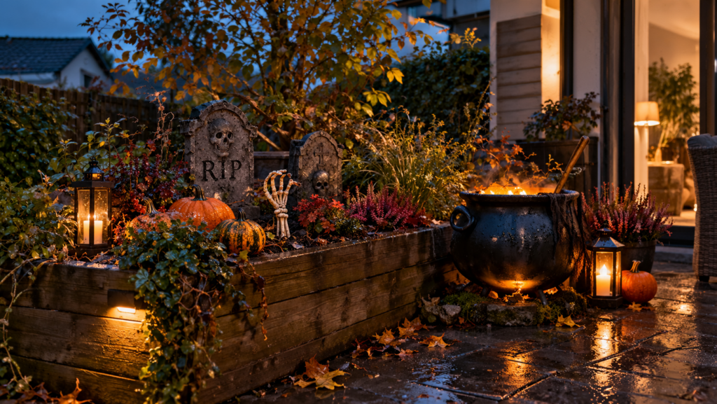 Wetterfeste Halloween-Szene mit Hochbeet und beschwertem Hexenkessel