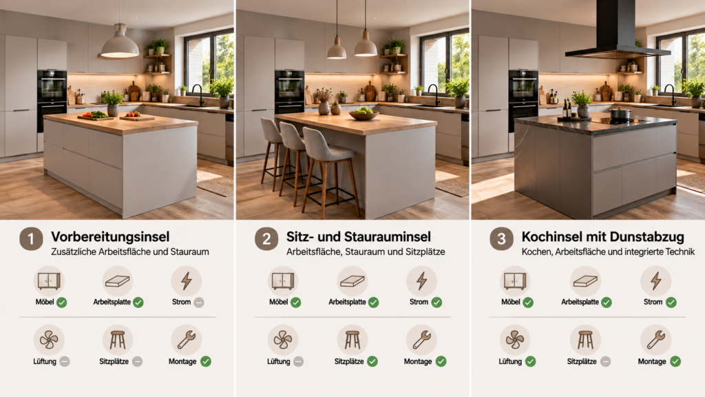 Kücheninsel als Kostentreiber im Vergleich von Vorbereitungsinsel, Sitzinsel und Kochinsel