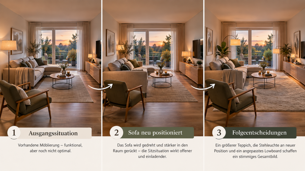 Kostenfolgen verschiedener Möbelanordnungen im Wohnzimmer mit Sofa, Teppich, Licht und Stauraum
