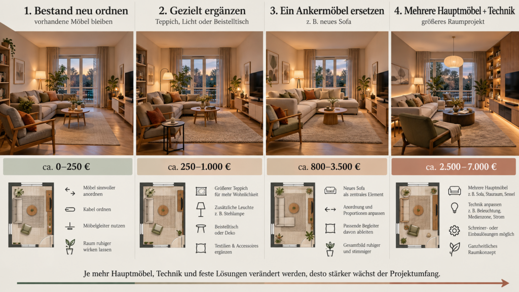 Vier Kostenstufen beim Neuordnen und Ersetzen von Wohnzimmermöbeln