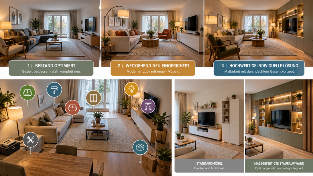 Standardmöbel und maßgefertigte Stauraumwand im Wohnzimmer im Vergleich