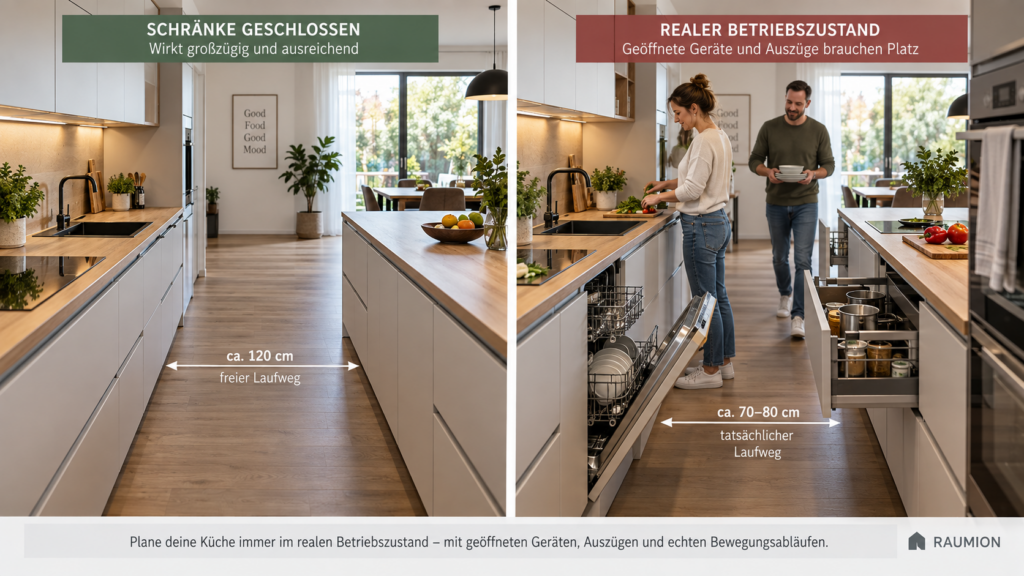 Küchenplanung mit geschlossenen Möbeln im Vergleich zum realen Betriebszustand mit geöffneten Auszügen