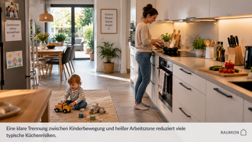 Kindersichere Küche mit getrennter heißer Arbeitszone und freiem Laufweg
