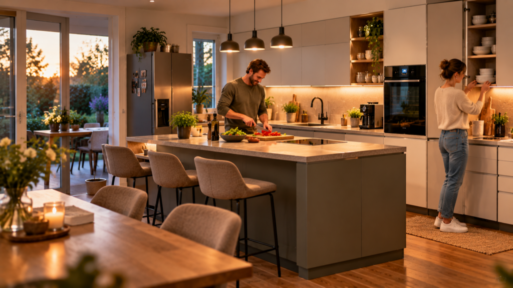 Fertig geplante Familienküche mit freier Arbeitsfläche, klaren Laufwegen und funktionaler Kücheninsel
