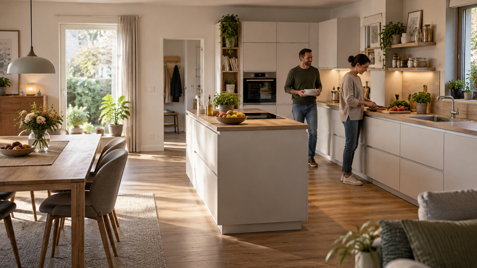 Funktional geplante Küche mit Kücheninsel, freier Arbeitsfläche und klaren Laufwegen