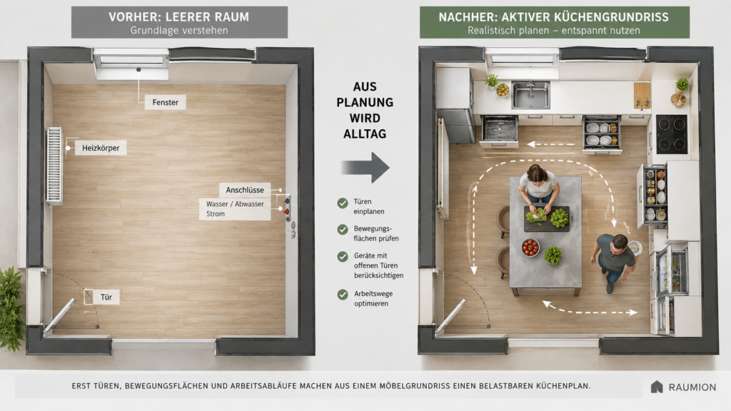 Vergleich zwischen leerem Küchengrundriss und aktivem Grundriss mit Arbeitswegen und geöffneten Geräten