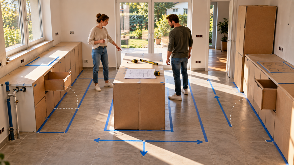 Küchenplanung mit Kreppband und Kartons in Originalgröße testen
