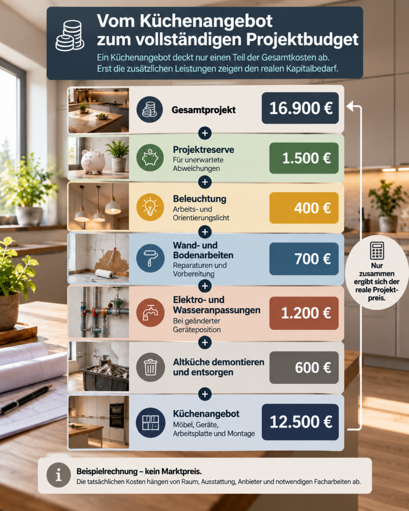 Beispielrechnung für Küchenprojekt von 12.500 Euro Angebot bis 16.900 Euro Gesamtbudget