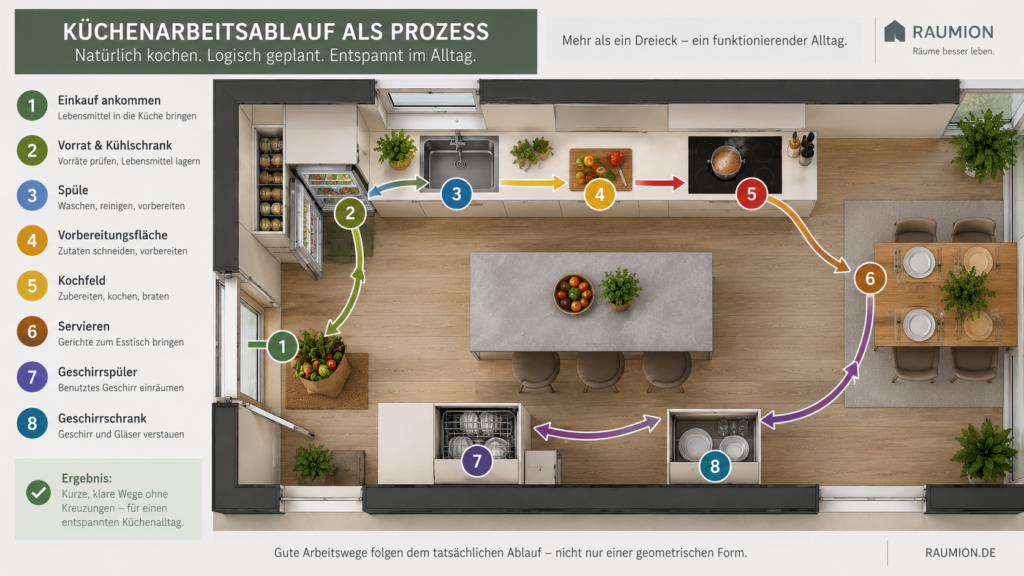 üchenarbeitsablauf von Vorrat und Kühlschrank über Spüle und Vorbereitung bis Kochen und Aufräumen