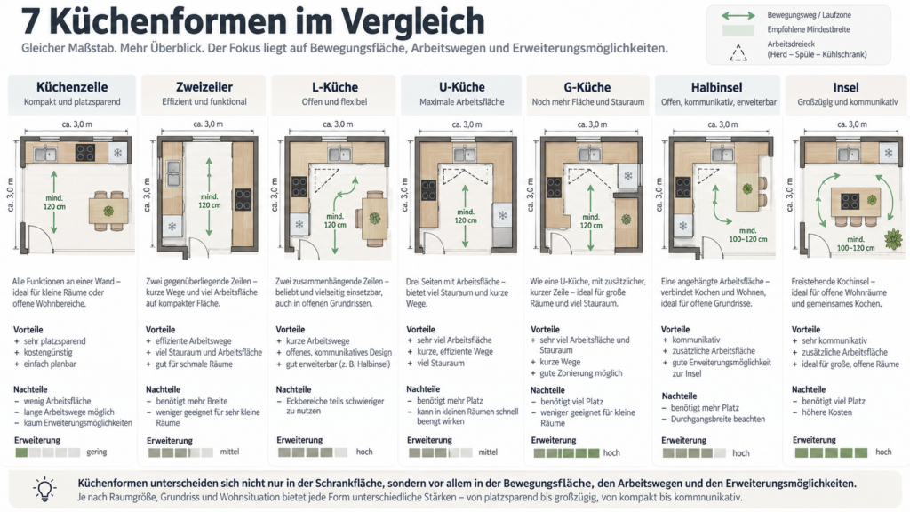 Küchenformen im Vergleich mit Küchenzeile L Küche U Küche G Küche Halbinsel und Insel