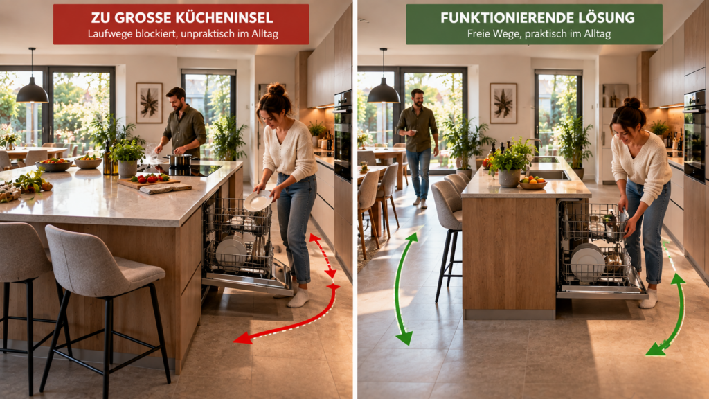 Zu große Kücheninsel im Vergleich mit einer funktionierenden kleineren Kücheninsel