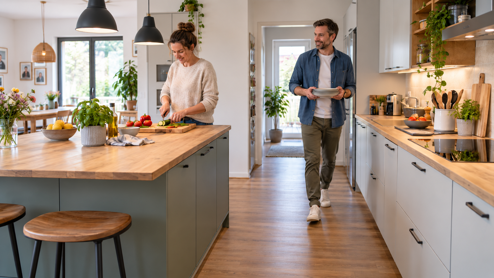 Kücheninsel mit ausreichend Abstand zur gegenüberliegenden Küchenzeile