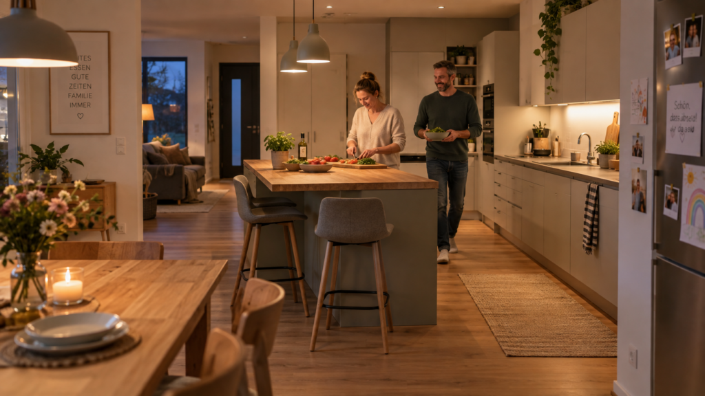 Funktional geplante Kücheninsel mit freien Laufwegen und Sitzplätzen in einer Familienküche