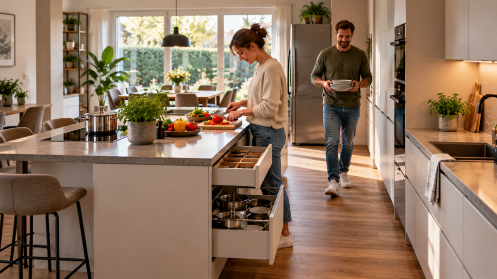 Kücheninsel mit geöffnetem Auszug und freiem Arbeitsgang prüfen
