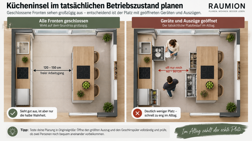Kücheninsel Arbeitsgang mit geöffnetem Geschirrspüler und gegenüberliegendem Auszug