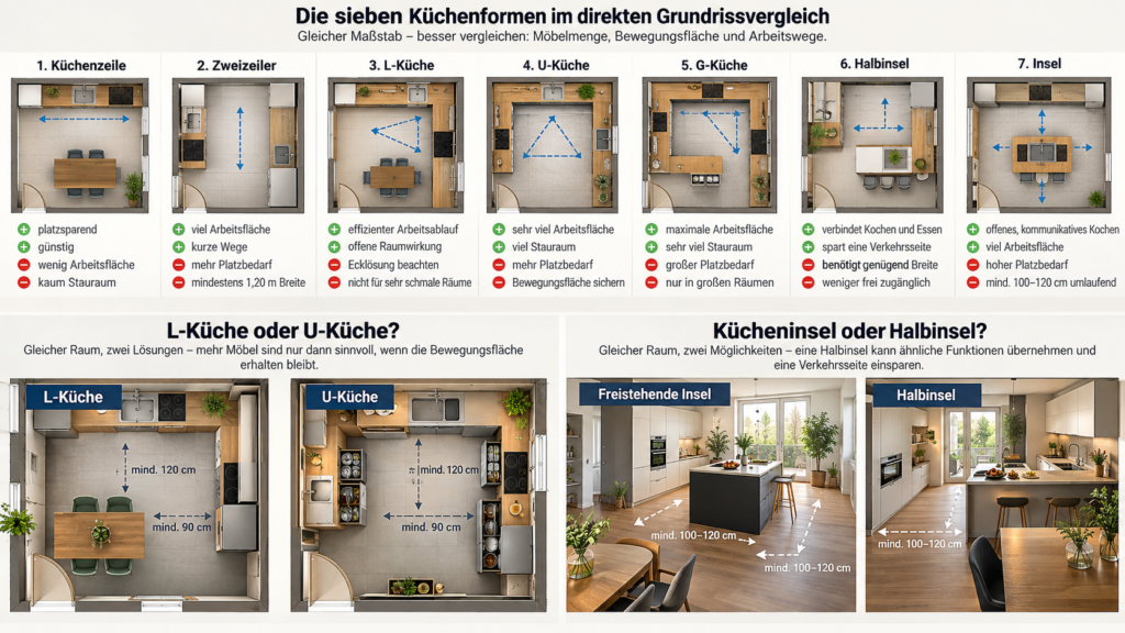 Kücheninsel und Halbinsel im gleichen Raum vergleichen