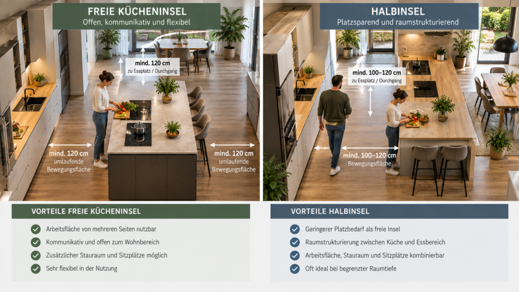 Vergleich zwischen freier Kücheninsel und Halbinsel bei begrenztem Platz