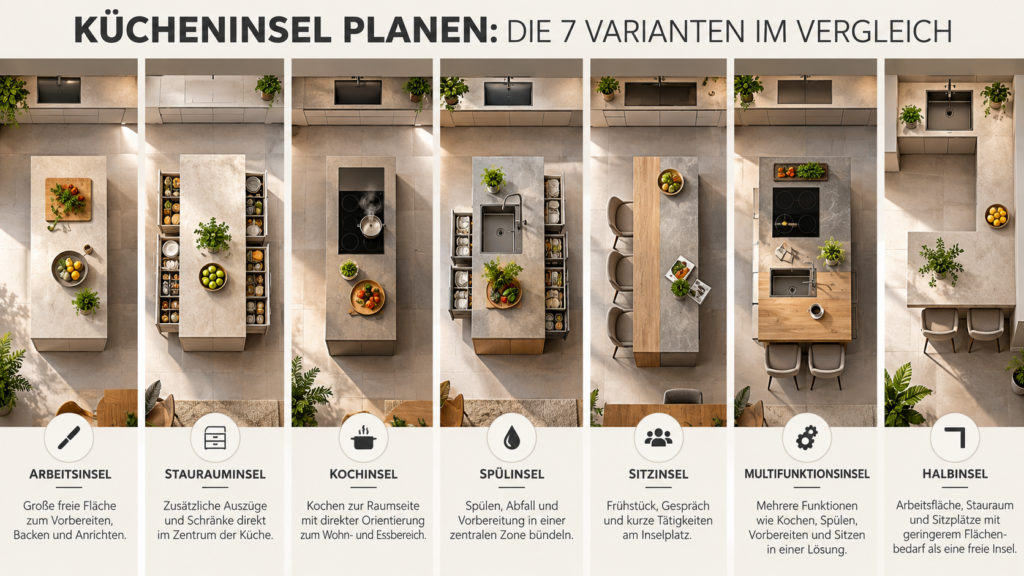 Kücheninsel planen: Arbeitsinsel, Kochinsel, Spülinsel, Sitzinsel, Multifunktionsinsel und Halbinsel im Vergleich