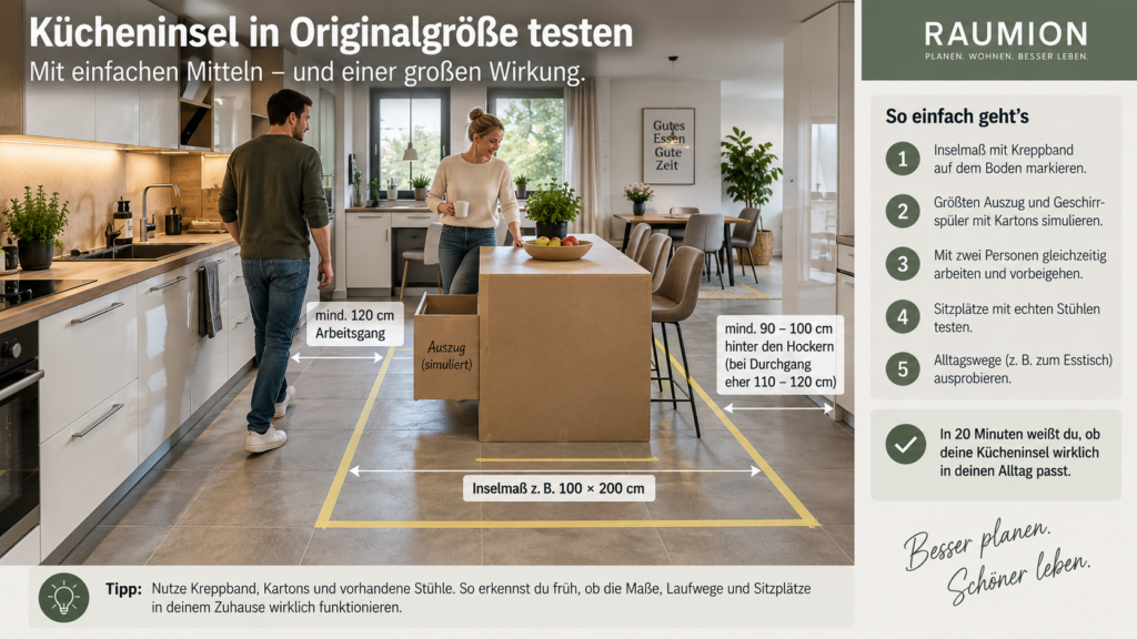 Kücheninsel mit Kreppband in Originalgröße auf dem Küchenboden testen