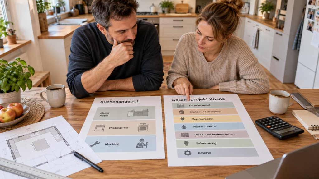 Küchenangebot im Vergleich zum vollständigen Projektbudget mit Montage, Anschlüssen, Rückbau und Reserve