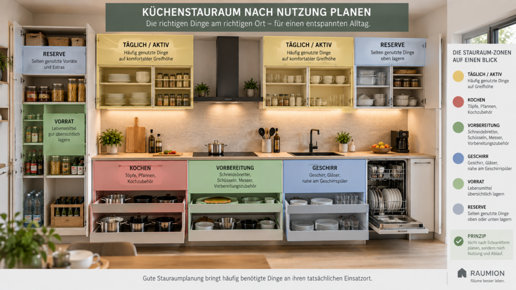 Küchenstauraum nach Nutzungshäufigkeit und Funktionszonen geplant