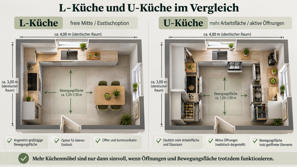 L Küche und U Küche mit Bewegungsfläche und Arbeitsfläche im Vergleich
