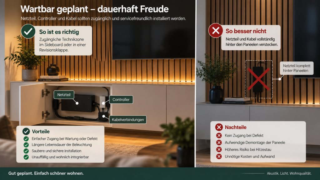 Zugängliches Netzteil und Kabel für LED-Beleuchtung an Akustikpaneelen
