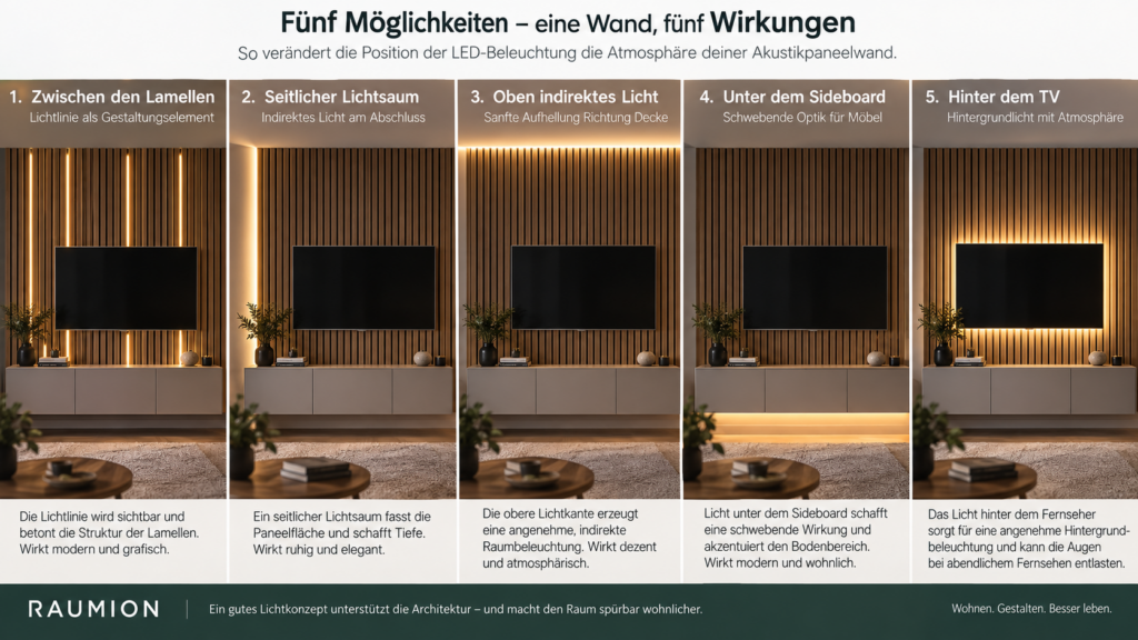 Vergleich verschiedener LED-Positionen bei Akustikpaneelen