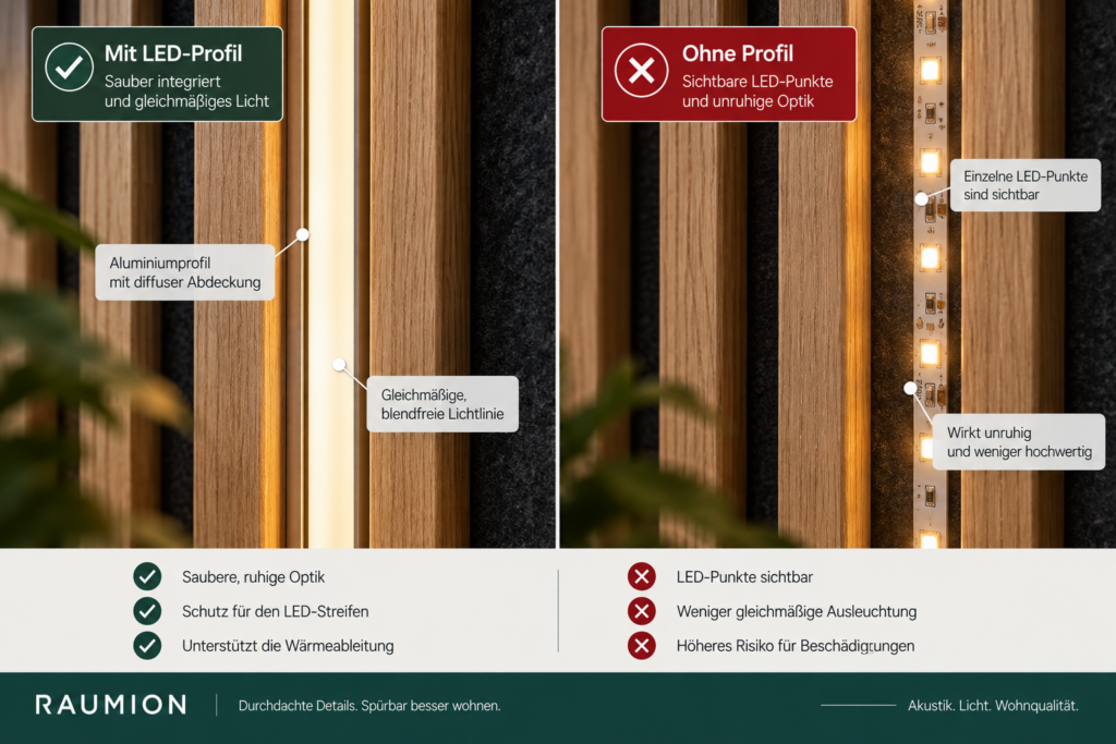 LED-Profil mit diffuser Abdeckung zwischen Holzlamellen eines Akustikpaneels
