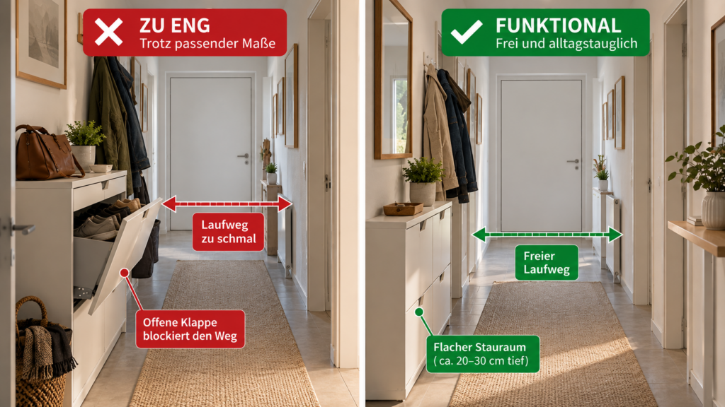 Vergleich zwischen blockiertem und frei geplantem Laufweg im Flur.Flur gestalten