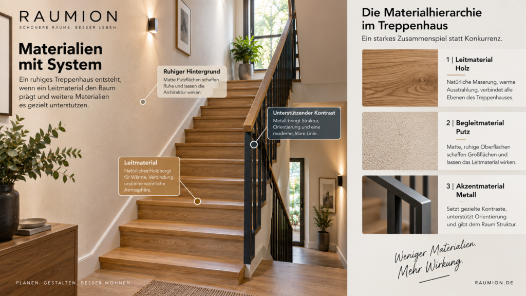 Materialkombination aus Holz, Putz und Metall für ein ruhiges Treppenhaus