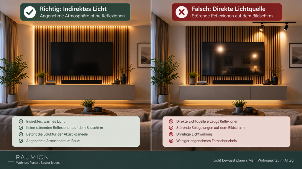 ergleich guter indirekter Beleuchtung und störender Reflexion an einer TV-Wand mit Akustikpaneelen
