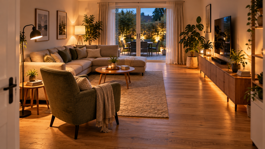 Wohnzimmerbeleuchtung passend zur Möbelanordnung mit Sofa, Lesesessel und freien Laufwegen