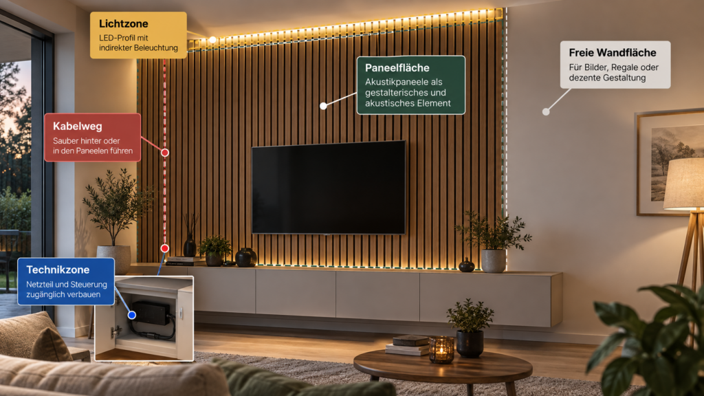 Planung von LED-Licht, Kabelweg und Technik bei einer Wand mit Akustikpaneelen. Akustikpaneele mit LED integrieren