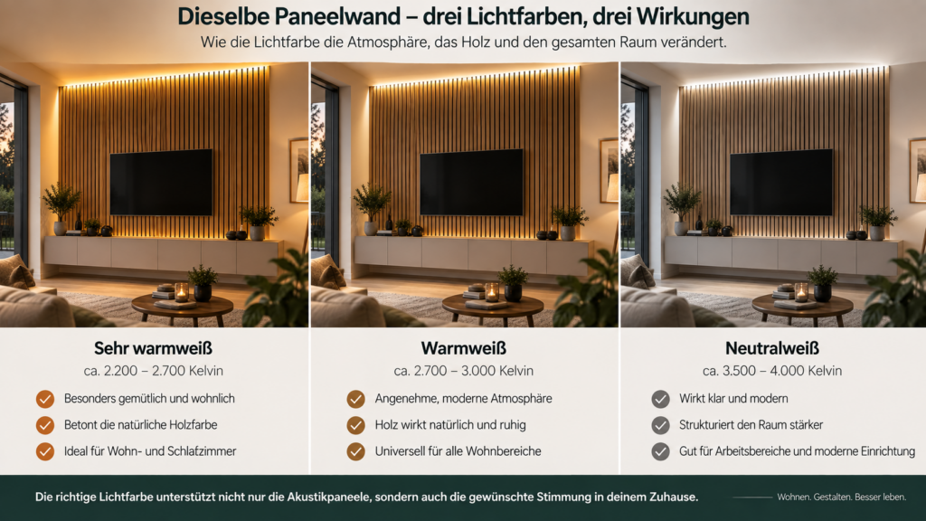 Akustikpaneele mit unterschiedlichen warmweißen LED-Lichtfarben