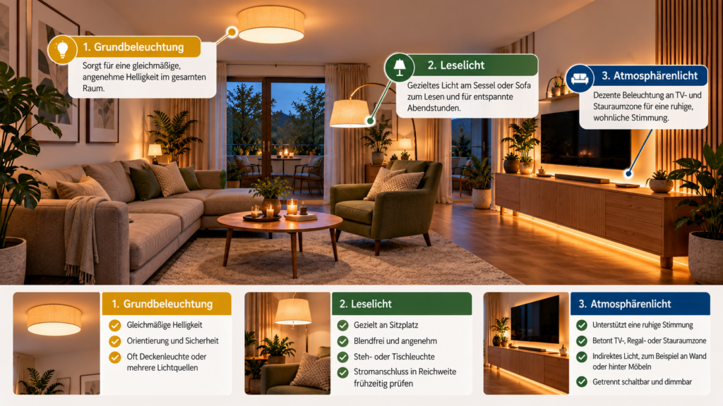 Wohnzimmer mit Grundlicht, Leselicht und Atmosphärenlicht passend zur Möbelanordnung