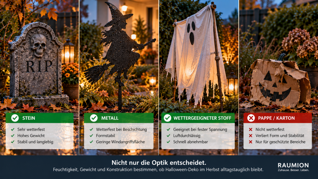 Vergleich wettergeeigneter und ungeeigneter Materialien für Halloween-Deko im Garten