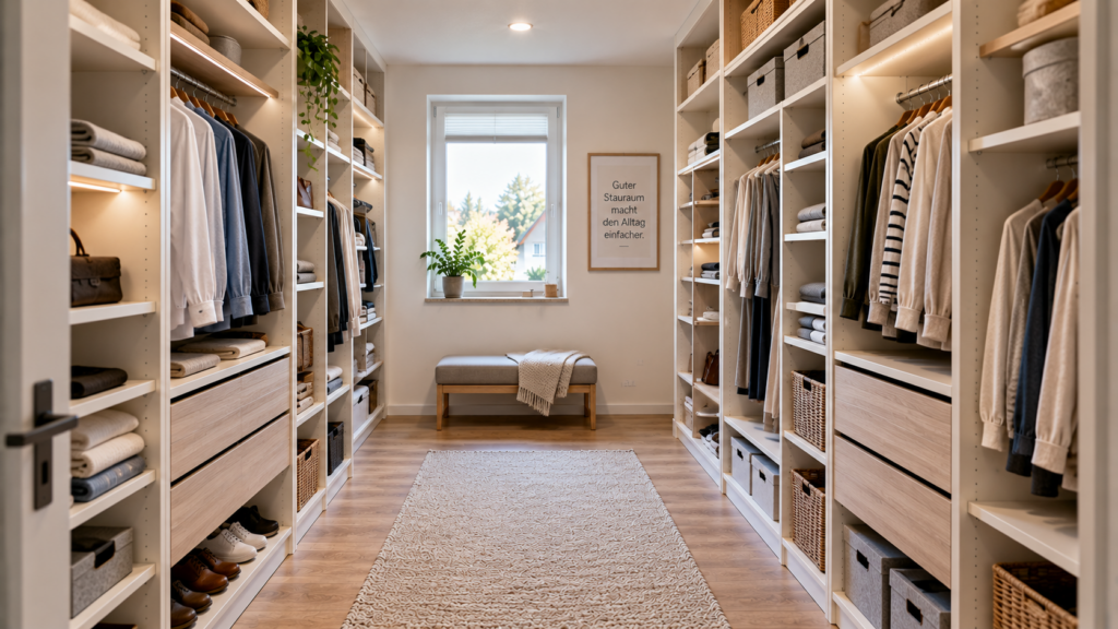 Fertig selbst gebauter begehbarer Kleiderschrank mit modularen Stauraumzonen
