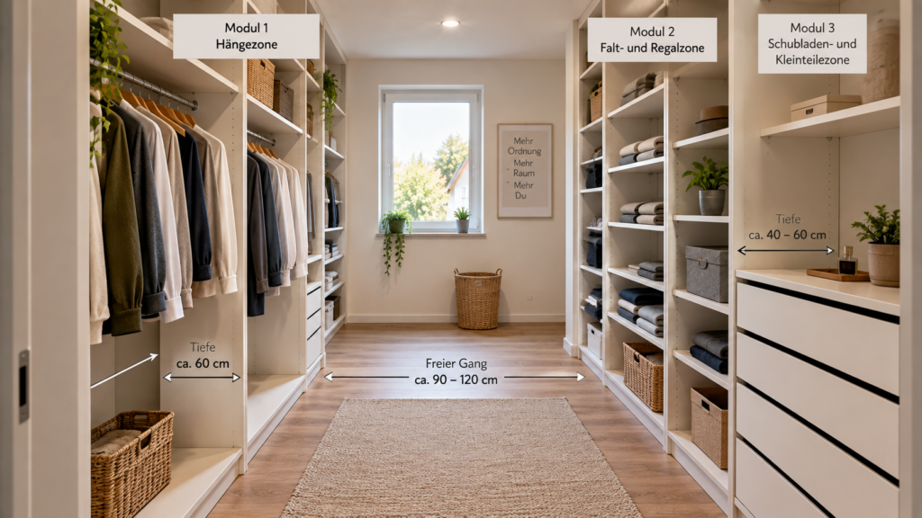 Modulares Raster für einen selbst gebauten begehbaren Kleiderschrank mit Hängezone Regalen und Schubladen