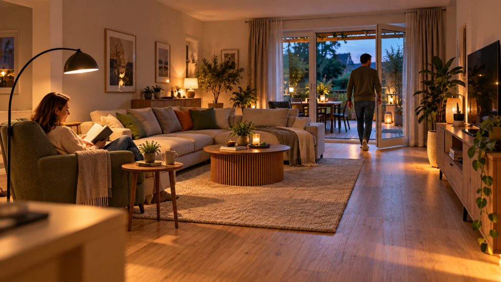 Wohnzimmer mit funktionaler Möbelanordnung, Leselicht und freiem Laufweg am Abend