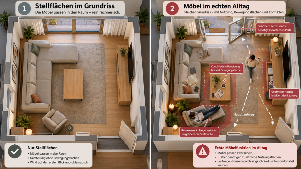 Wohnzimmer-Grundriss mit Vergleich zwischen reiner Stellfläche und tatsächlicher Nutzungsfläche der Möbel