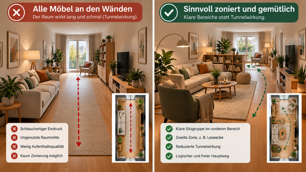 Langes schmales Wohnzimmer mit ungünstiger und sinnvoll zonierter Möbelanordnung